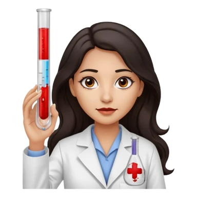 Una chica de laboratorio clínico químico con ojos negro cabello oscuro ondulado raya en medio tez media con bata de científica con ojos negros, cabello negro largo ondulado con raya en medio ondulado largo con muestras de sangre en reactivos sticker