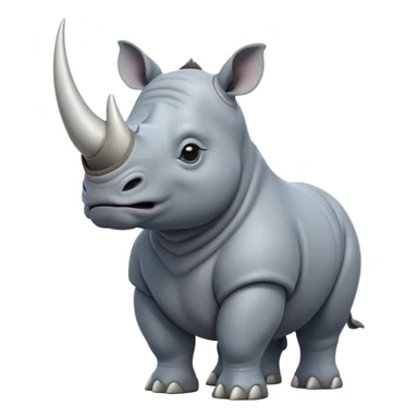 cinematic-rhino-full-body-standing-emoji,white horn, slate grey/blue skin -massive-body-poised-powerfully,-thick-horn-curving-slightly-forward,-head-tilted-dramatically,-rough-grey-hide-covered-in-dust,-simplified-focused-features, large cute black eyes sticker