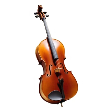 Create an elegant and refined emoji representing the Cremona 4/3F 4/4 cello with a Hans Klein HKCB bow. The design should feature the curved wooden body of the cello with a rich, glossy finish, capturing its classical shape and intricate details. The bow should be displayed with fine craftsmanship, highlighting the hair and the smooth, polished wooden stick. Include subtle musical notes floating around the instrument to emphasize its rich, melodic sound. Use deep wood tones like chestnut brown, gold accents for the fittings, and soft lighting effects to give the instrument a timeless, professional feel. The background should be transparent. sticker