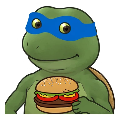 ninja turtle wearing blue eye mask with burger sticker