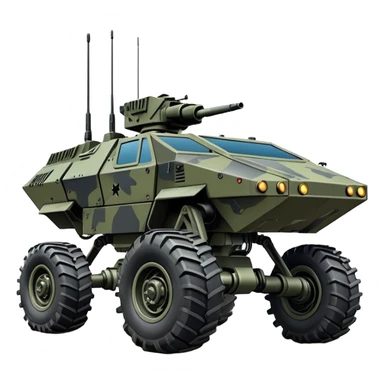 a roomy American 4-wheel armored personnel stealth camouflage army massive mech trail vehicle shooting forward side-hill leaning actively articulating hydraulic independent suspended pod gimbal enemy mech off-road racing rover with large fast engine RC basher crawler megatron  sticker