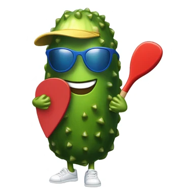 pickle with legs, wearing a jersey, mouth smiling, wearing cap, holding a solid red paddle ball racket, blue backgound, wearing sunglasses sticker