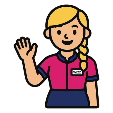 friendly stylized cartoon emoji of a Wizz Air flight attendant smiling and waving, blonde side braid, vivid pink shirt with blue accents, dark navy skirt, visible name tag, upright posture, welcoming gesture, flat design style, using actual uniform, hair, and skin colors from reference photo, transparent background sticker