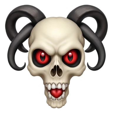 Stylized skull with dramatic curled black ram horns, intense red eyes, wide open mouth, blending iconic features from references, apple emoji style sticker