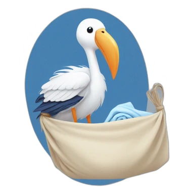 White stork carrying a blue bundle of cloth in its beak that has a human person cute baby with and the human baby head is peeking from the fabric bundle the strok is carrying with its beak sticker