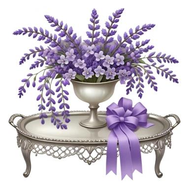 A cascading bouquet of lavender, blending soft lilac, dusky violet, and deep amethyst hues, is wrapped in delicate pearl-colored lace, tied with a silky wisteria ribbon. The stems, slightly uneven and wild, spill gently over the edge of an antique silver tray, where a few loose buds rest, their fragrance mingling with the faint scent of aged paper and timeworn fabric.
 sticker