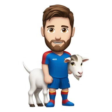 Messi holding a goat, redish brown hair redish beard, blue eyes, wearing a superman outfit sticker