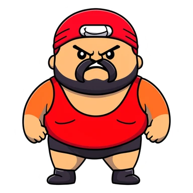 Close-up of morbidly obese white skin guy with young face, prominent BLACK DURAG tied clearly on head, distinct black beard and mustache, no muscle, black eyes in a red and black wrestling singlet with angry face sticker