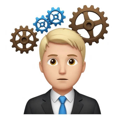 a man with gears turning above his head, deep in thought about a startup sticker