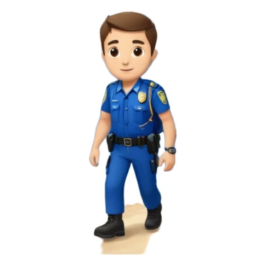 Adventurous man hiking with a police badge with mountains in the background. The French flag is on a tree sticker