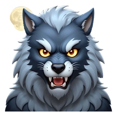 cinematic-noble-fierce-werewolf-portrait-emoji, poised-and-imposing, with a tall, slender, muscular frame, fur rippling in shades of midnight black and silver, eyes glowing with an intense, primal ferocity, reflecting the untamed power of the wild moonlit night; rendered with realism sticker