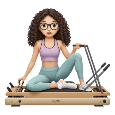 Memoji-style girl with long dark brown curly hair, round glasses, large brown eyes, soft rounded face,makeup, warm beige skin tone, wearing Pilates activewear performing Pilates and reformer Pilates exercises on a reformer machine, pastel color palette, smooth soft shading,latino sticker