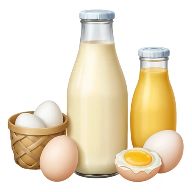 A cluster of dairy items: a milk bottle with an eggs and butter sticker