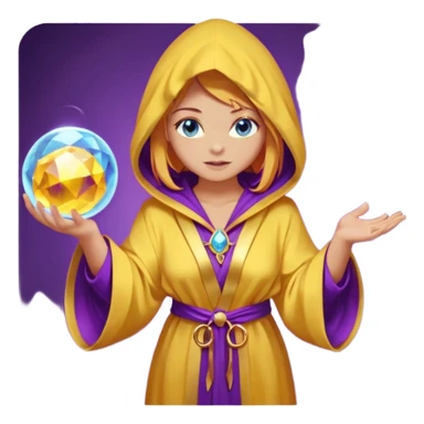 lightly tanned skin, blue eyes, cute and sexy girl with bright yellow-brown hair in a few shades of purple robe with hood, golden rings, slight cute makeup, full body, slightly turned aside pose, holding a magical ball (for future prediction) sticker