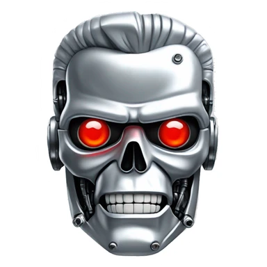 Emoji of a Terminator T-800, looking straight, 2d animation, red eyes, made of metal, white background,  sticker