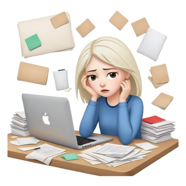 tired woman at a desk with a MacBook, surrounded by messy papers, emphasizing disorganization sticker