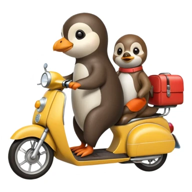Penguin driving moped with an otter sticker