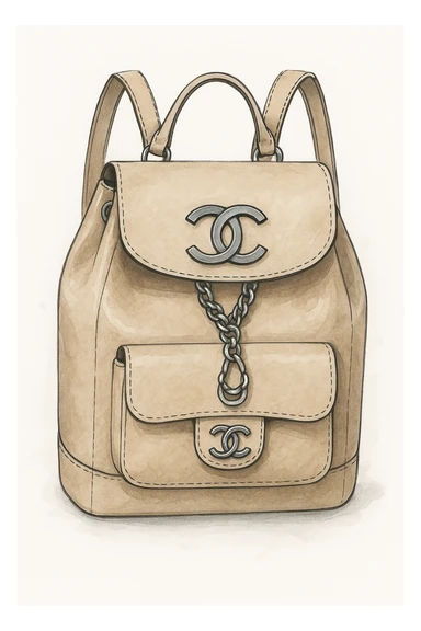 Chanel Urban Backpack, beige leather, silver accents, CC logo, stylish and contemporary, fashion illustration, white background sticker