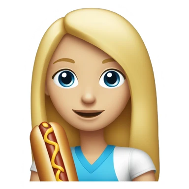 Blonde girl with blue eyes with a hot dog sticker