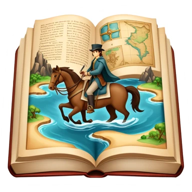 Icon for Reading Fiction: a large open book with pages turning into musketeers on horseback, Sherlock Holmes and Island of treasure map. The icon should evoke the adventure and romance of exploring fictional worlds. Transparent background. sticker