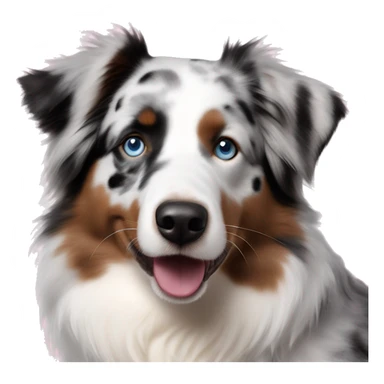 Brindle Australian Shepherd with black white and gray color pattern face is all white with blue eyes spots around eyes and spots on pink nose sticker