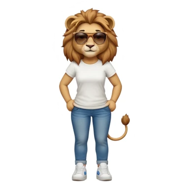 friendly anthropomorphised female lion character, full body, standing confidently with legs shoulder width apart and arms folded, wearing jeans, a white t-shirt, dark sunglasses, and trainers, with a confident smile sticker