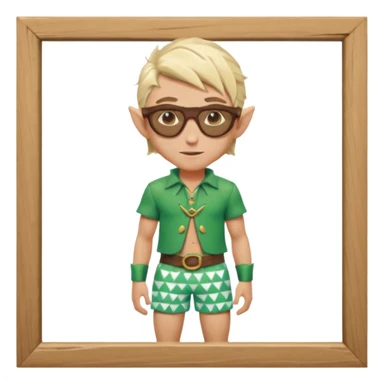 elf male legolas portrait, patterned board shorts (geometric/abstract), unique wooden-framed sunglasses, undercut hairstyle, slight smirk, visible pointy ears, no background, centered emoji, hipster summer vibe sticker