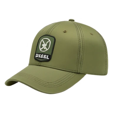 Diesel brand cap in khaki green color, baseball cap style with Diesel logo on front, military green hat sticker