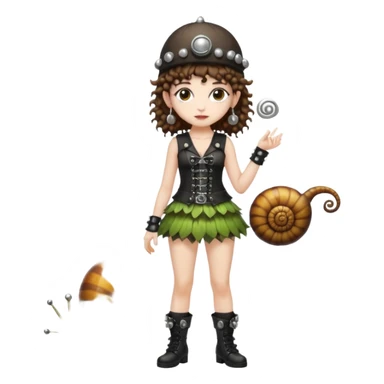 full body woman short curly brown mullet hair brown eyes white skin wearing punk fairy outfit and snail shell hat sticker