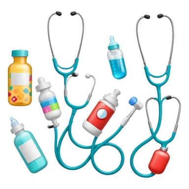 stethescope, heel lancet, medication, baby blood tubes, monitoring cables, baby bottle, cute scrapbooking paper,  sticker