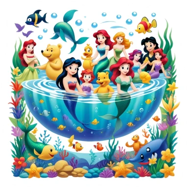 Icon for Animated Characters: A colorful, large-scale collage of beloved cartoon characters, including Franco, Mickey Mouse, Winnie-the-Pooh, Ariel the Little Mermaid, Jasmine and others. Bright and vibrant, full of whimsical charm. Transparent background. sticker