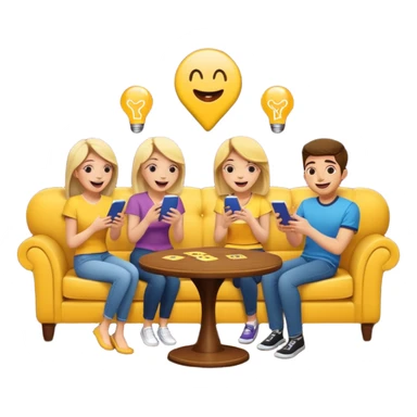group of friends on couch playing a trivia game couch should be deep dark yellow color.  include a small wooden table in front of the couch as well sticker