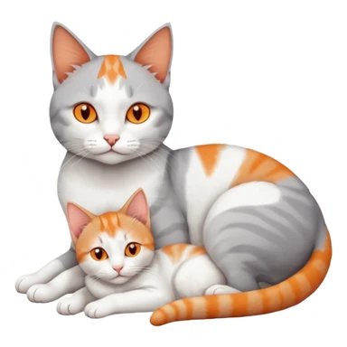 full body of a grey and white cat cuddling a very small + skinny ginger and white kitten with deep orange eyes and triangular shaped face lying down sticker