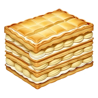 mille-feuille-cinematic-realistic-mille-feuille-dessert-emoji,-depicted-as-a-rectangular delicate-pastry-composed-of-two-crisp-layers-of-puff-pastry-with-a-rich-cream-filling,-rendered-with-intricate-textures-and-elegant,-soft-lighting. Please only show two layers only. sticker