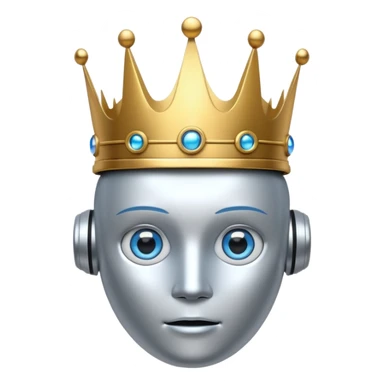 silver robot with blue eyes with golden crown sticker
