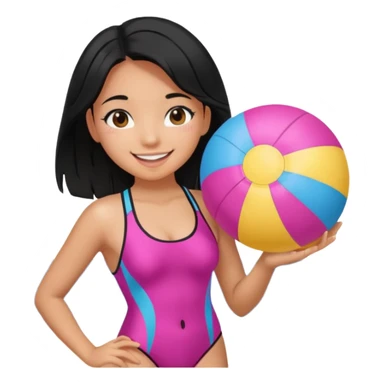 Hawaiian girl with black hair with pink highlights and a swimsuit, with beach ball sticker