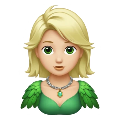 un oiseau classique de profil tout vert même sa tête  et un seul poil blond qui fait une petite bouclette sur le front avec le collier argenté avec des ronds attachés au collier est autour du coup de l’oiseau entre la tête et le corps sticker