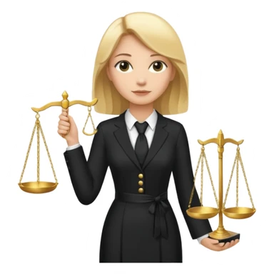 woman lawyer blanche et blonde avec des cheveux mi-long; elle est habillée avec une longue robe noire et une cravate blanche; elle porte la justice sticker