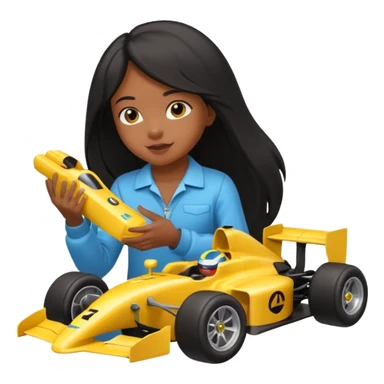  long black haired black girl kid playing yellow colored formula 1 car toy sticker