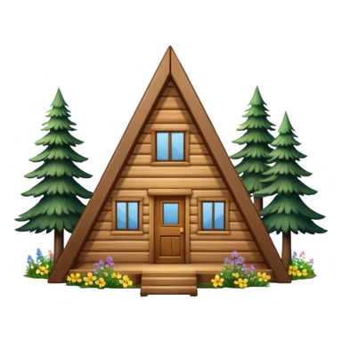 triangle small cabin in the woods, surrounded by pines, with flowers around sticker