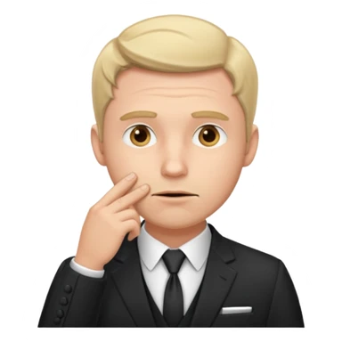 white man in formal suit thinking hard, hand to mouth sticker