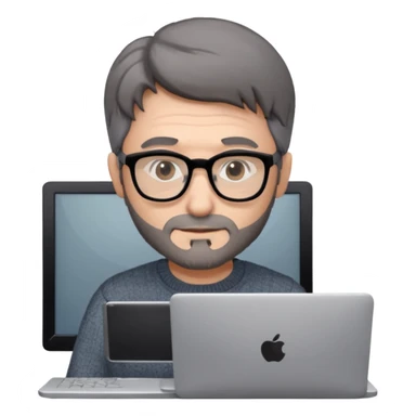 Profesor de pelo gris marrón oscuro con gafas un poco de barba jersey gris y un ordenador los óleos son marrones con poca cantidad de pelo sticker