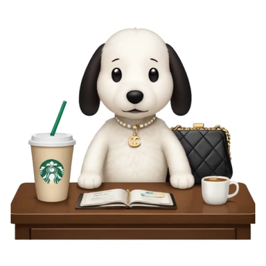 snoopy in a desk with starbucks and his chanel purse sticker