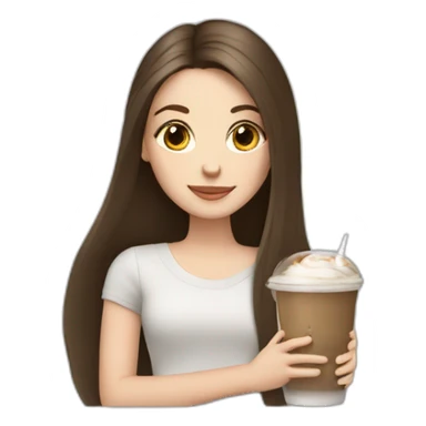 a brunette white girl with long straight hair holding an iPad and an Ice Latte sticker