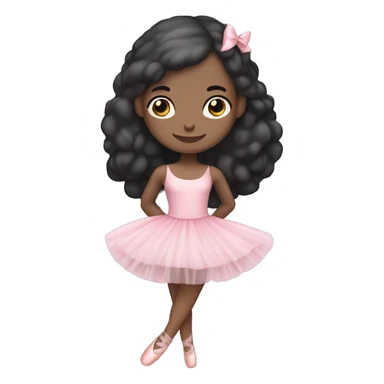a ballerina with a cute pink tutu and has pale white skin with ballerina shoes and a bow on her head with black hair sticker
