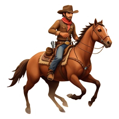 An icon representing an adventure game, inspired by Red Dead Redemption II. The design features a rugged cowboy riding a galloping horse across an open prairie, with towering mesas, cacti, and a golden sunset in the background. The atmosphere conveys freedom, action, and the thrill of the untamed frontier. Transparent background. sticker