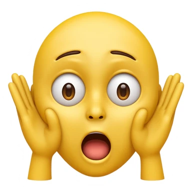 A 3D glossy yellow emoji of a shocked horrified face, with mouth and eyes are wide open, eyebrows  raised, and hands against their cheeks, face has no nose, black background, high quality, soft studio lighting sticker