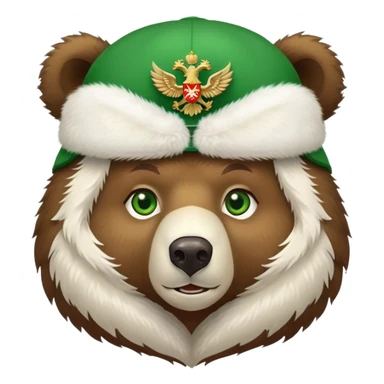 Cute Russian brown bear head with friendly expression and bright green eyes, wearing white furry ushanka hat with realistic double-headed eagle coat of arms centered, iOS emoji style sticker