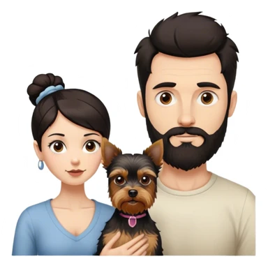 Tall pale guy with dark hair beard no glasses, and short woman with dark hair bun and a yorkshire terrier dog sticker