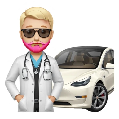 White tesla model 3 and one cool physician with blond hair, beard, stetoscope and dark sunglasses next to it sticker